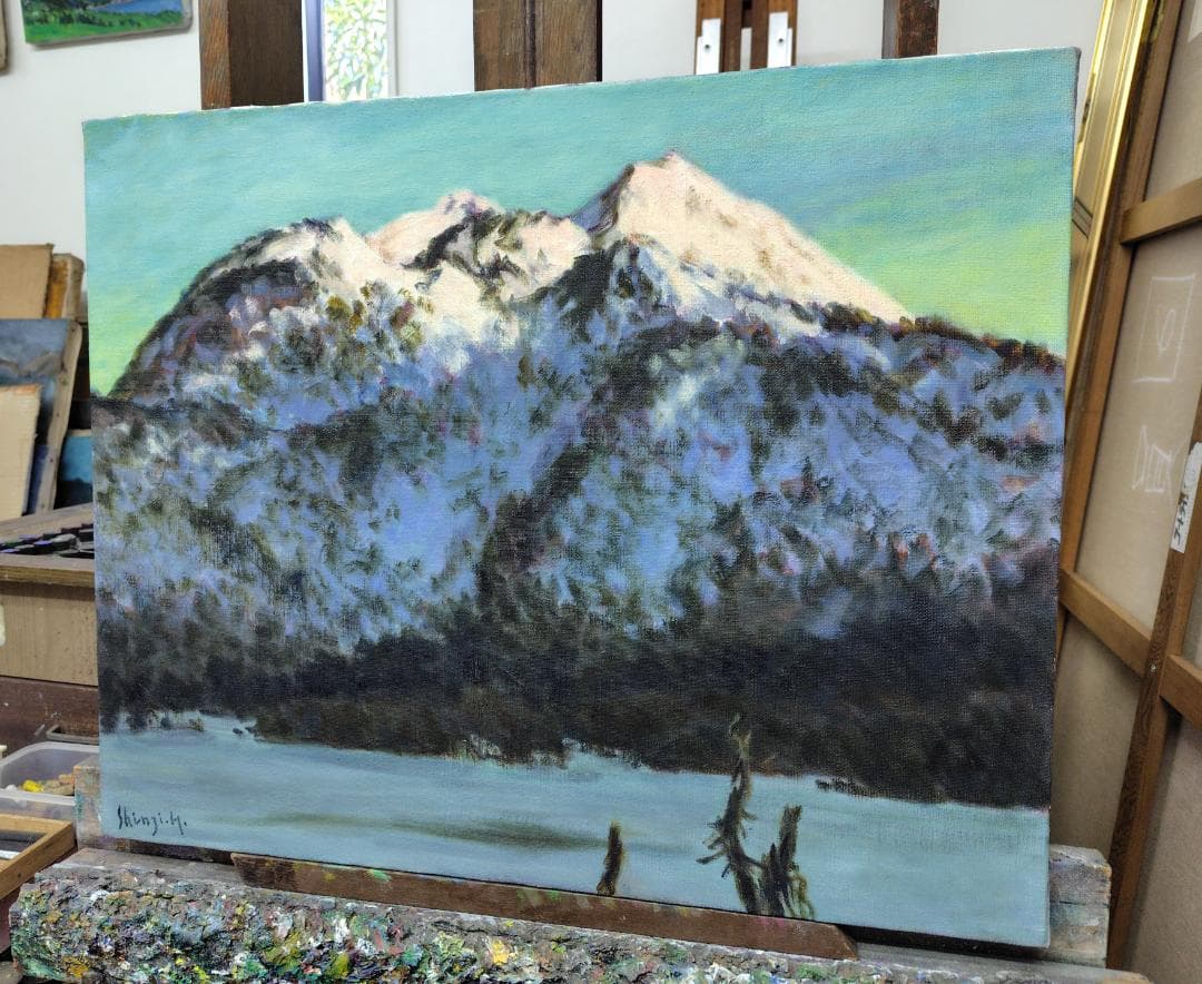 「厳冬の朝陽」2005 F15 絵画 油絵 油彩画 燧ヶ岳 尾瀬ヶ原