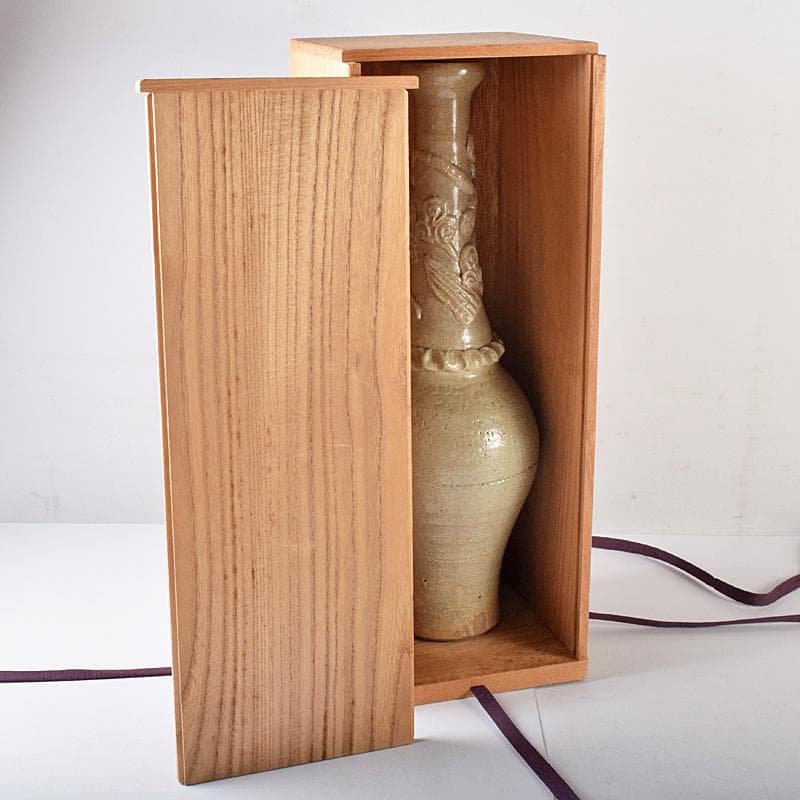 中国　唐時代　越州窯　青磁　虎貼花文　皈依瓶　日月壺　共箱　V　R8771B