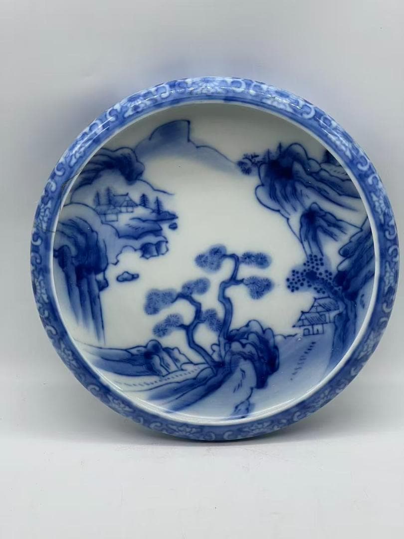 秋田焼　手描き染付山水画盛り鉢(B-47)