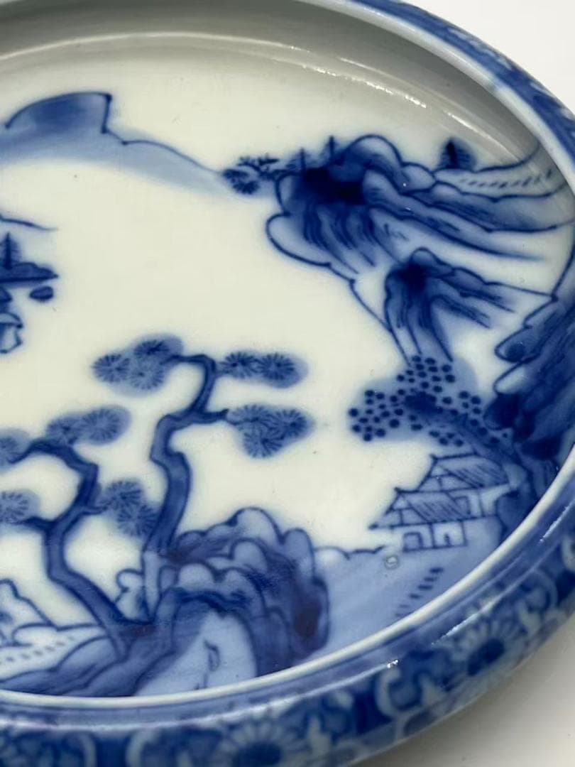 秋田焼　手描き染付山水画盛り鉢(B-47)