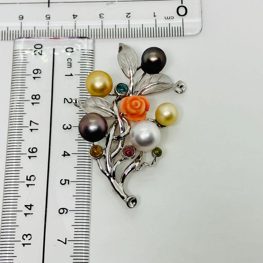 シルバー925 南洋真珠 タヒチ黒真珠 マルチ石付き ブローチ