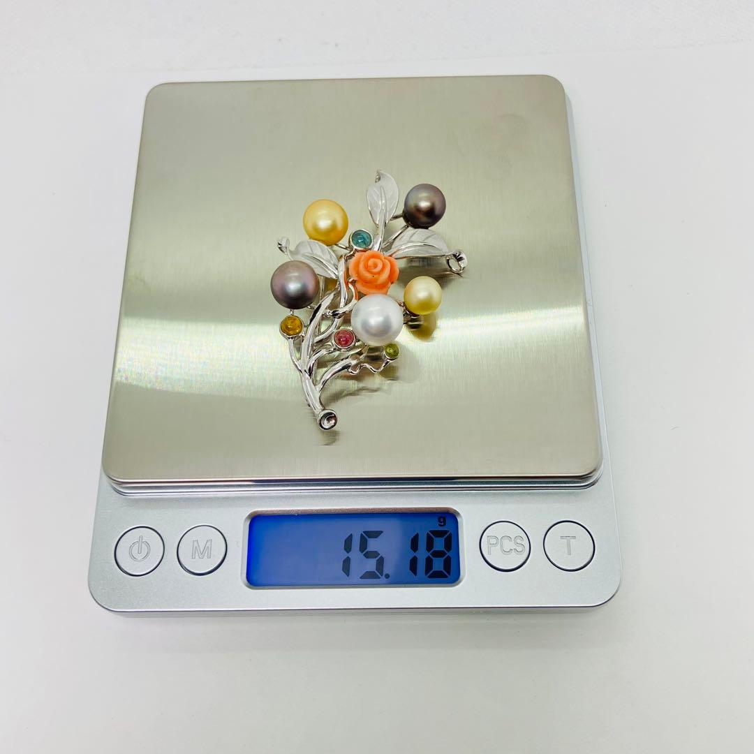 シルバー925 南洋真珠 タヒチ黒真珠 マルチ石付き ブローチ