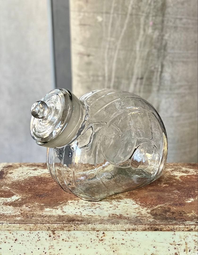 レトロ　猫ビン　でんでん太鼓　飴屋瓶　菓子瓶　アンティーク　ガラス　ガラス蓋付き