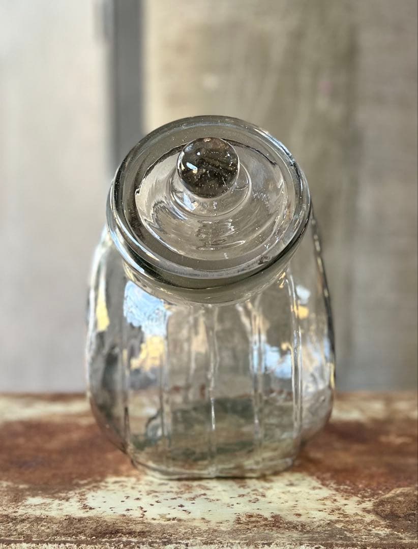 レトロ　猫ビン　でんでん太鼓　飴屋瓶　菓子瓶　アンティーク　ガラス　ガラス蓋付き