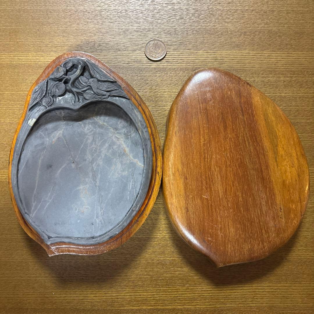 端渓硯　老坑　卵型 硯箱 鳥の彫刻付き