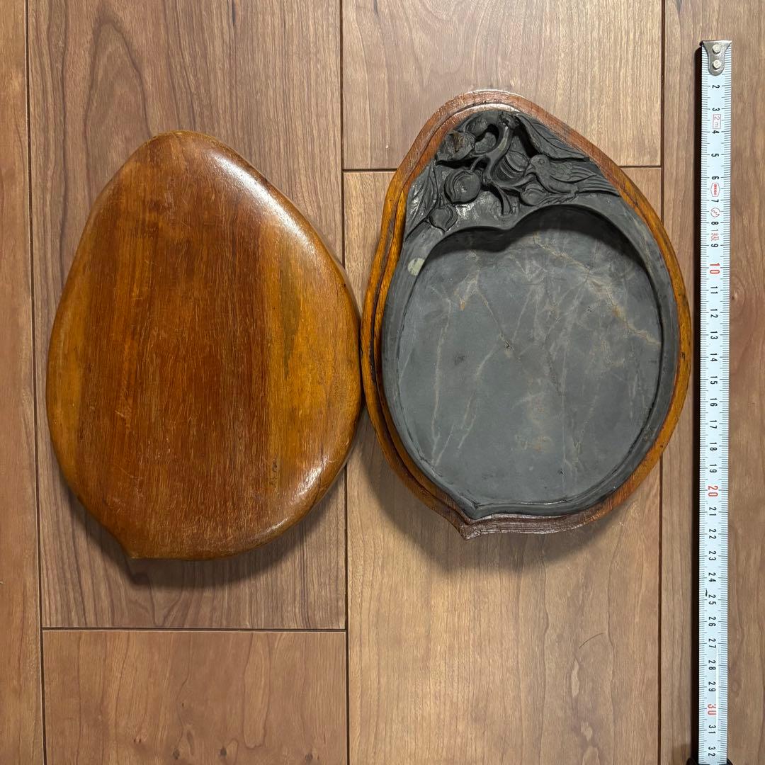 端渓硯　老坑　卵型 硯箱 鳥の彫刻付き