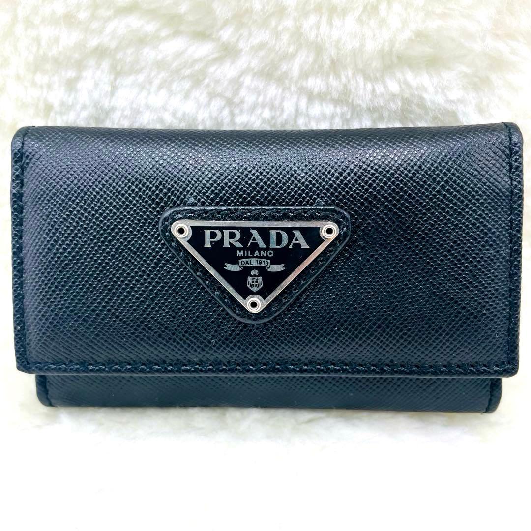 極美品 PRADA 6連 キーケース 三角ロゴ サフィアーノ ブラック 付属品有