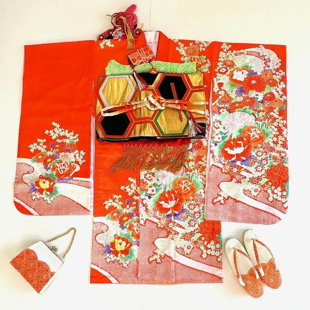 美品　フルセット　七五三７歳女の子　着物　化繊　オレンジ　51975