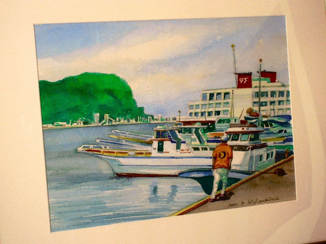 水彩画 港の風景 原画 F6サイズ 額装済み