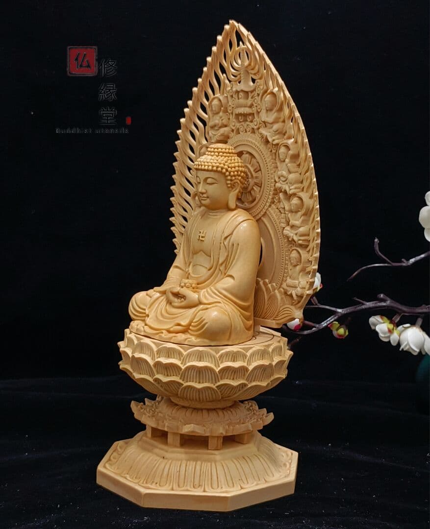 【修縁堂】木彫り 仏像 釈迦如来座像 彫刻 一刀彫 天然木檜材