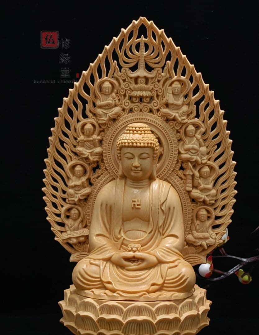 【修縁堂】木彫り 仏像 釈迦如来座像 彫刻 一刀彫 天然木檜材