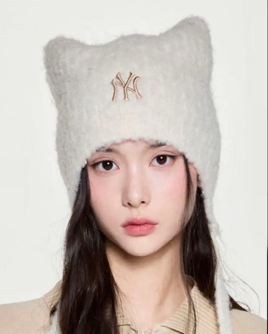 MLB Korea 猫耳 ミャオン ビーニー 紐付き 韓国限定 ホワイト