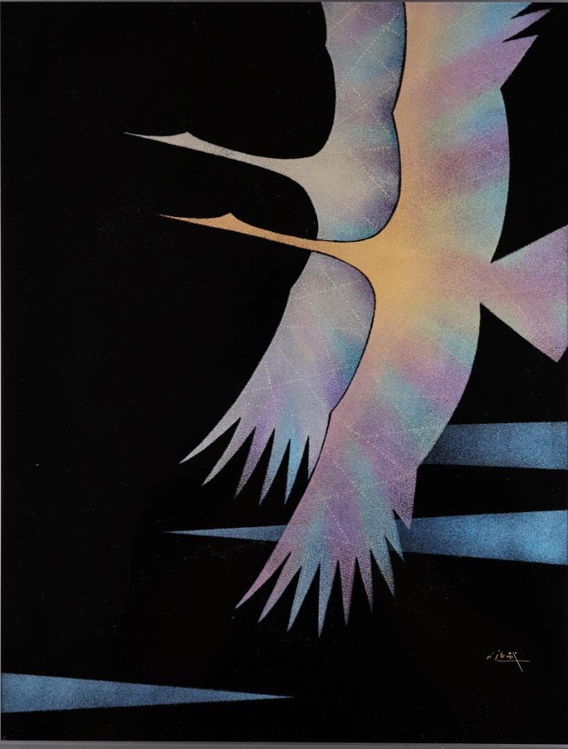 真作　輪島塗沈金　日展作家　加治武　「 双鶴飛翔 」 漆芸画　6号　BJ243