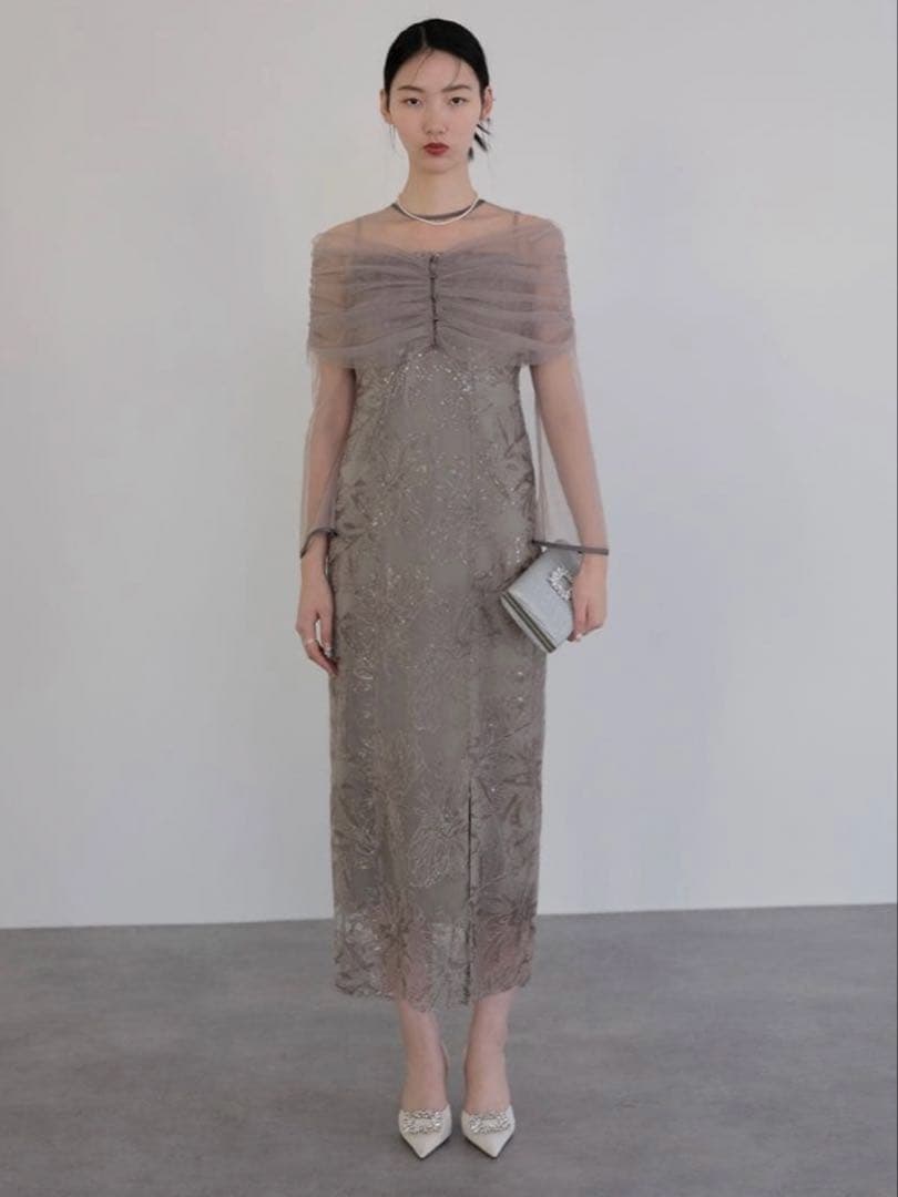 チュールオフショルダー花柄Iラインワンピースドレス結婚式二次会パーティー成人式