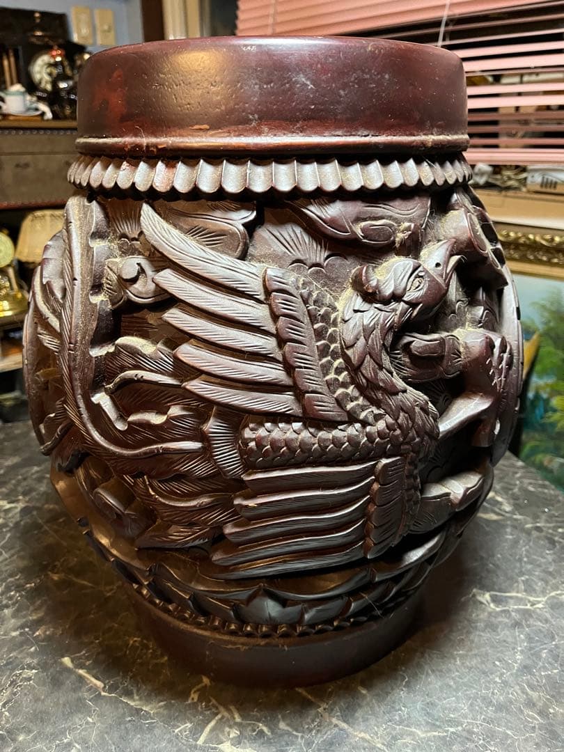 中国木彫椅子 龍 、鳳凰 、彫刻 、縁起物 、スツール マホガニー中国樽