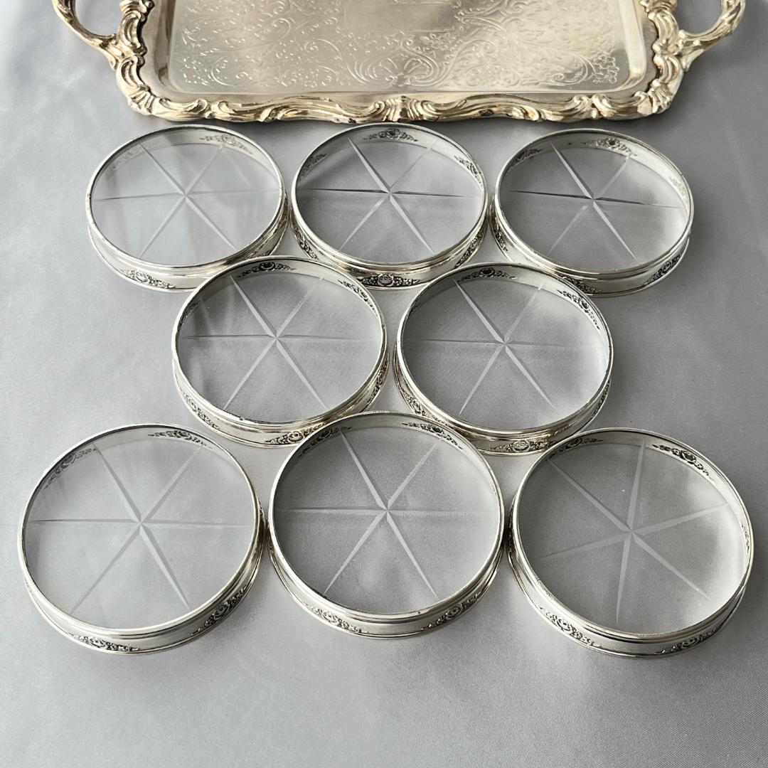 【Webster】薔薇のレリーフのコースター 8枚【純銀 / ガラス】