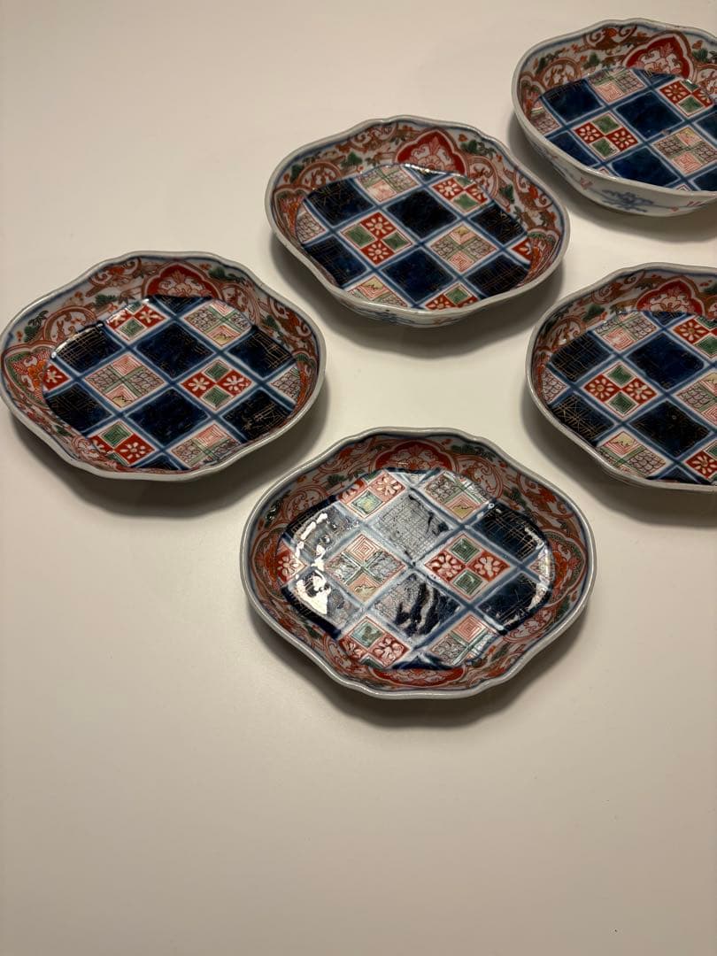 江戸後期　古伊万里　錦手　金襴手　向付　５脚組み