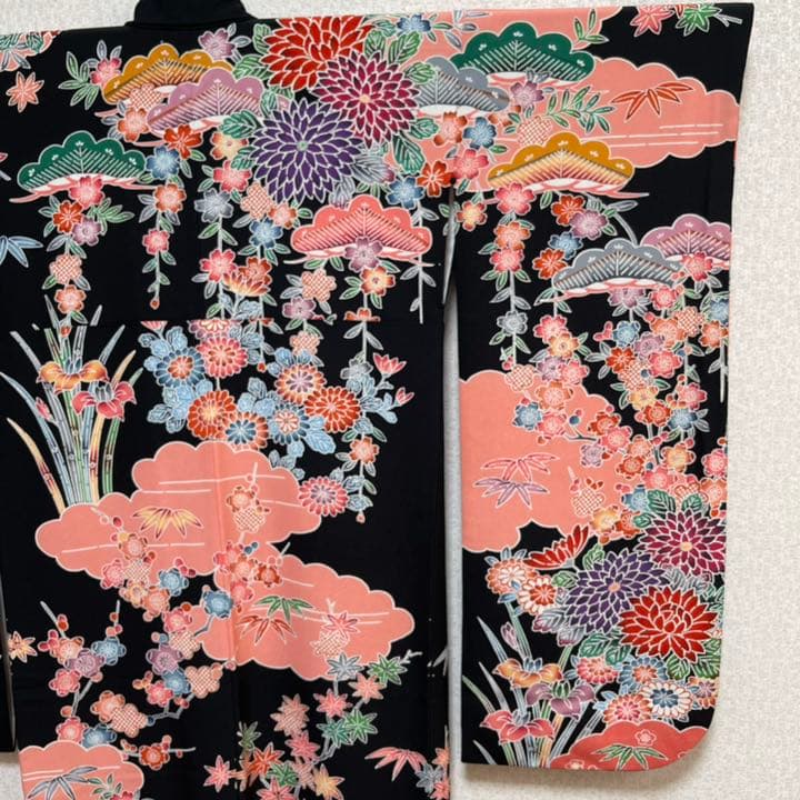 振袖 正絹 ジュニア着物 振り袖 十三参り振り袖 ハーフ成人式 黒地花柄 超美品