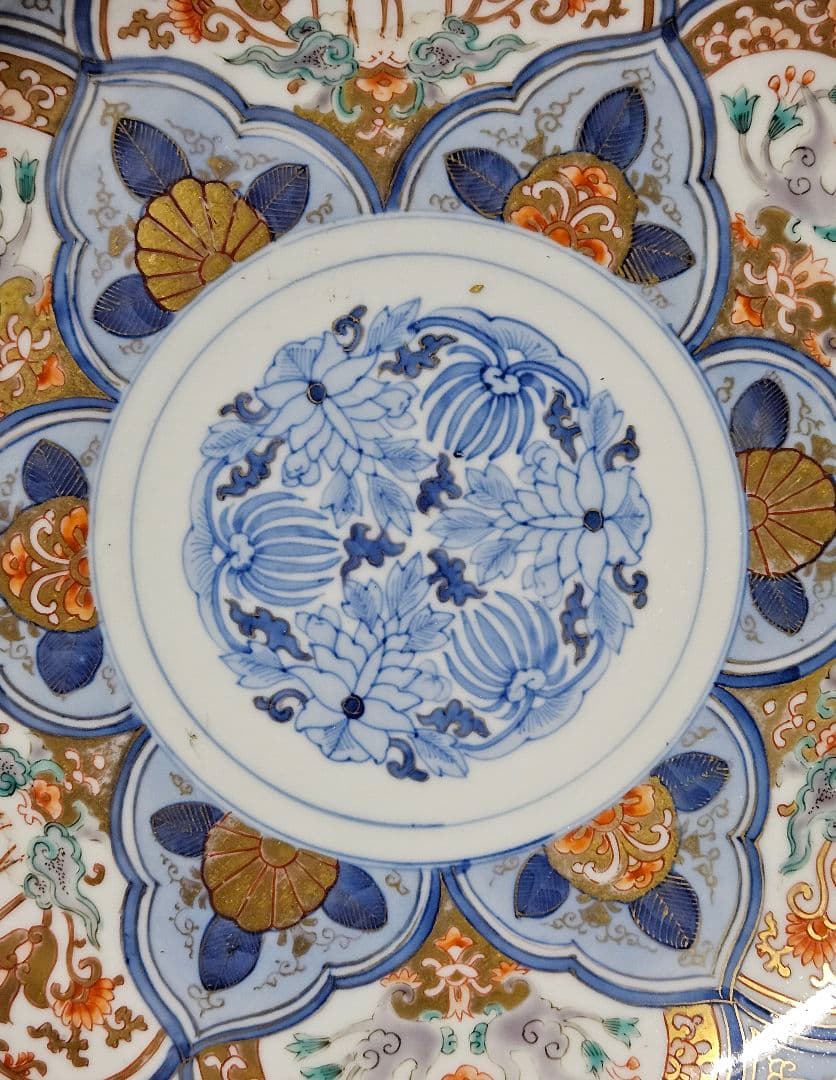 【古伊万里の上作品❗】江戸時代後期　瑠璃呉須　金彩色絵　麒麟に鳳凰に花の図　大皿