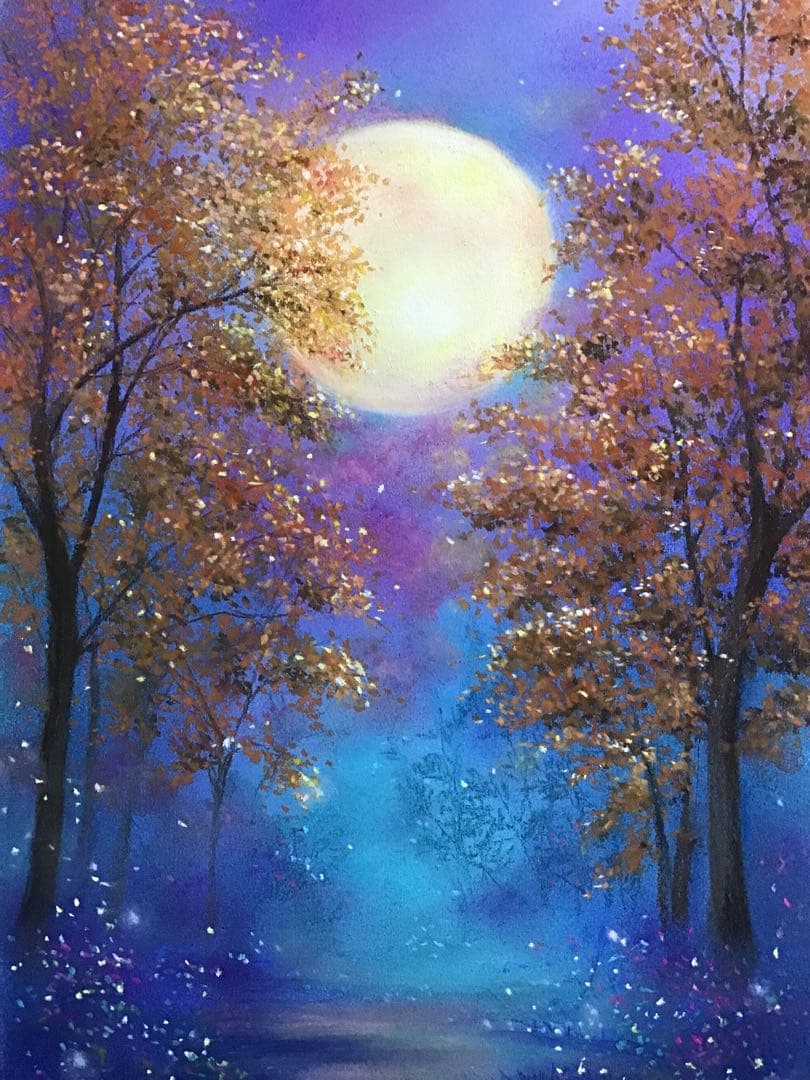 新春の月　絵画アート原画　パステル画