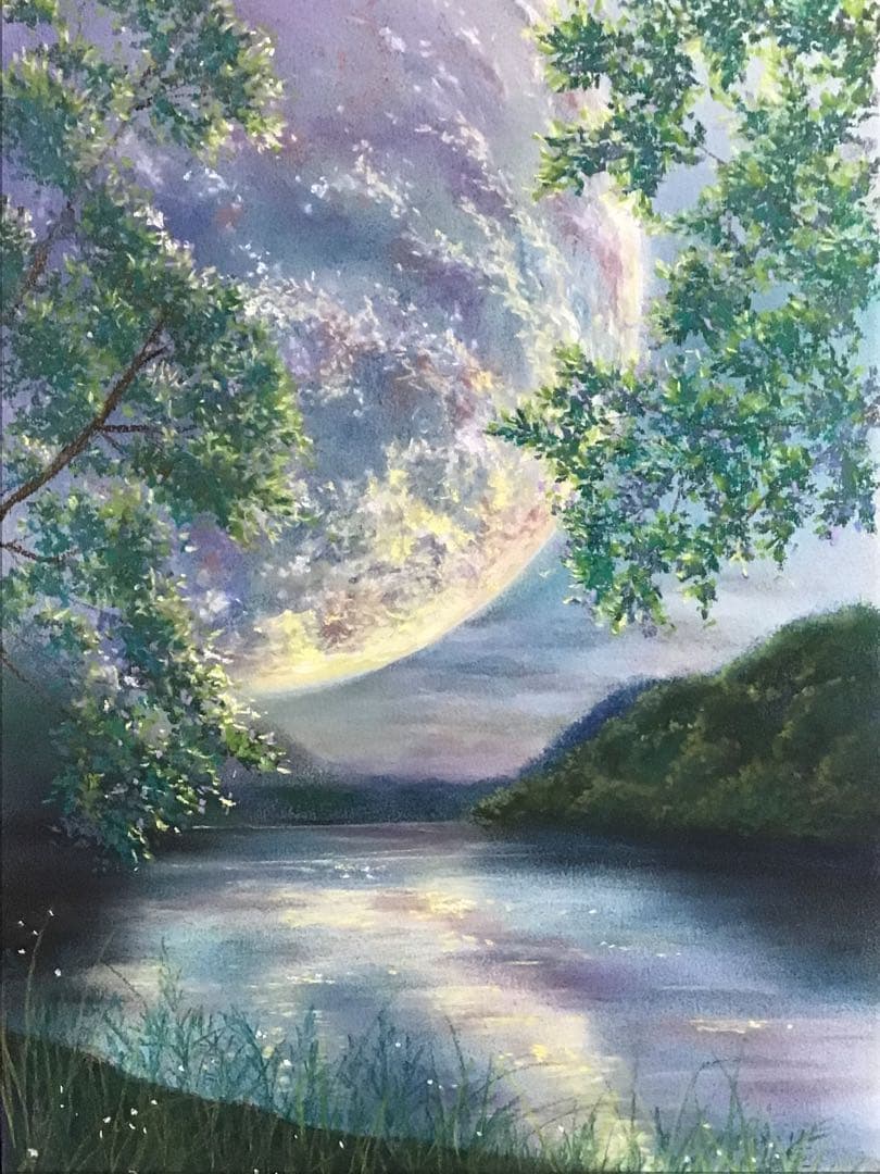 新春の月　絵画アート原画　パステル画