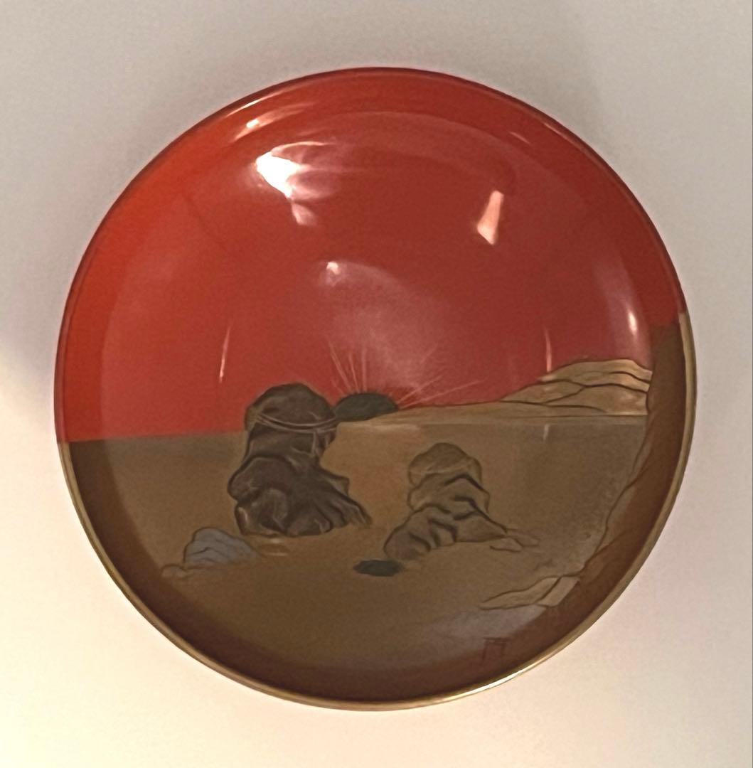 三つ組盃 金銀蒔絵 塗り師 春仁造 箱入り 田子の浦 二見ヶ浦 三保松原 稀少