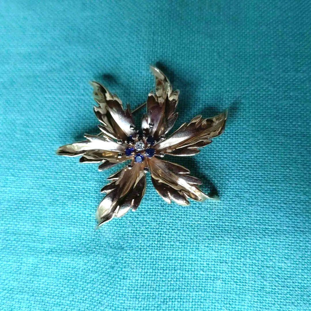 〈中古〉 ティファニー 14K フラワーブローチ ダイヤとサファイアの花芯