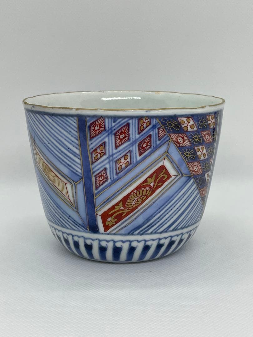 【和食器】江戸後期　古伊万里　幾何学文染錦蕎麦猪口　向付　色絵