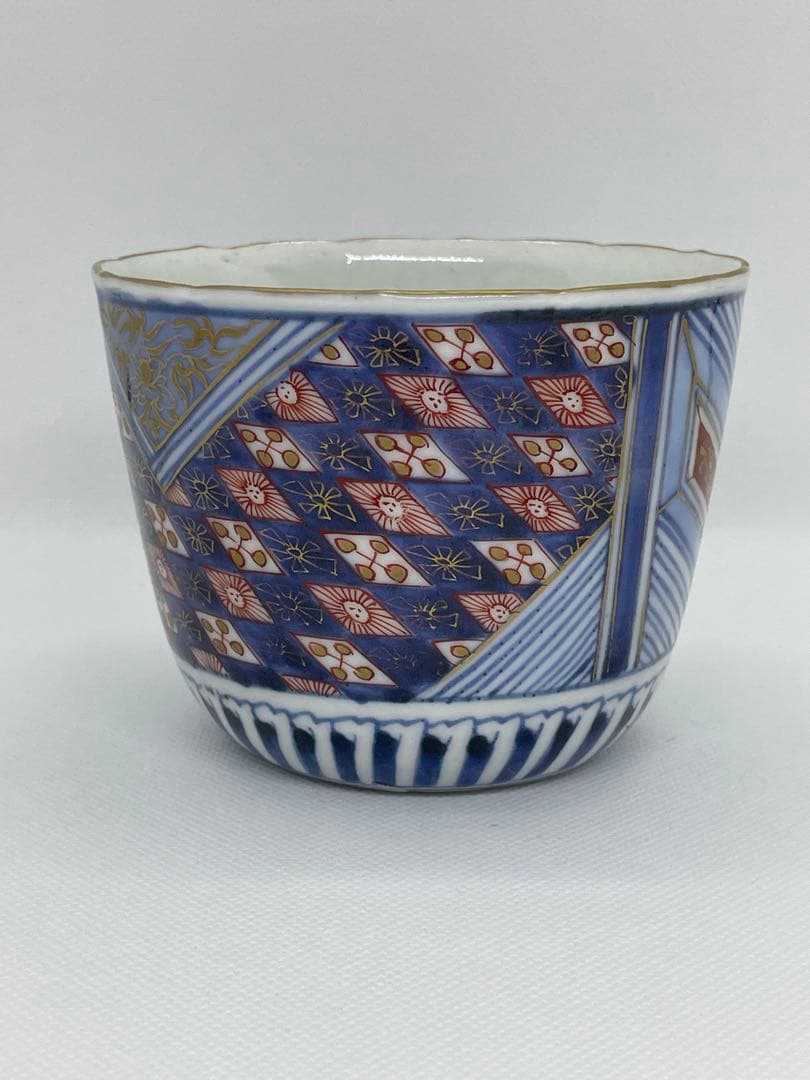 【和食器】江戸後期　古伊万里　幾何学文染錦蕎麦猪口　向付　色絵