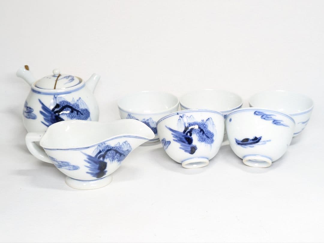 三浦竹泉 作 染付 山水文 煎茶器(煎茶碗 五客・急須・湯冷まし)