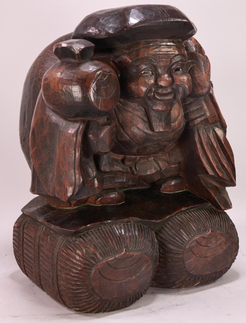 BK201　時代木彫　江戸期　大隅源義縄 作　恵比寿像　大黒像　玉眼　江戸ガラス