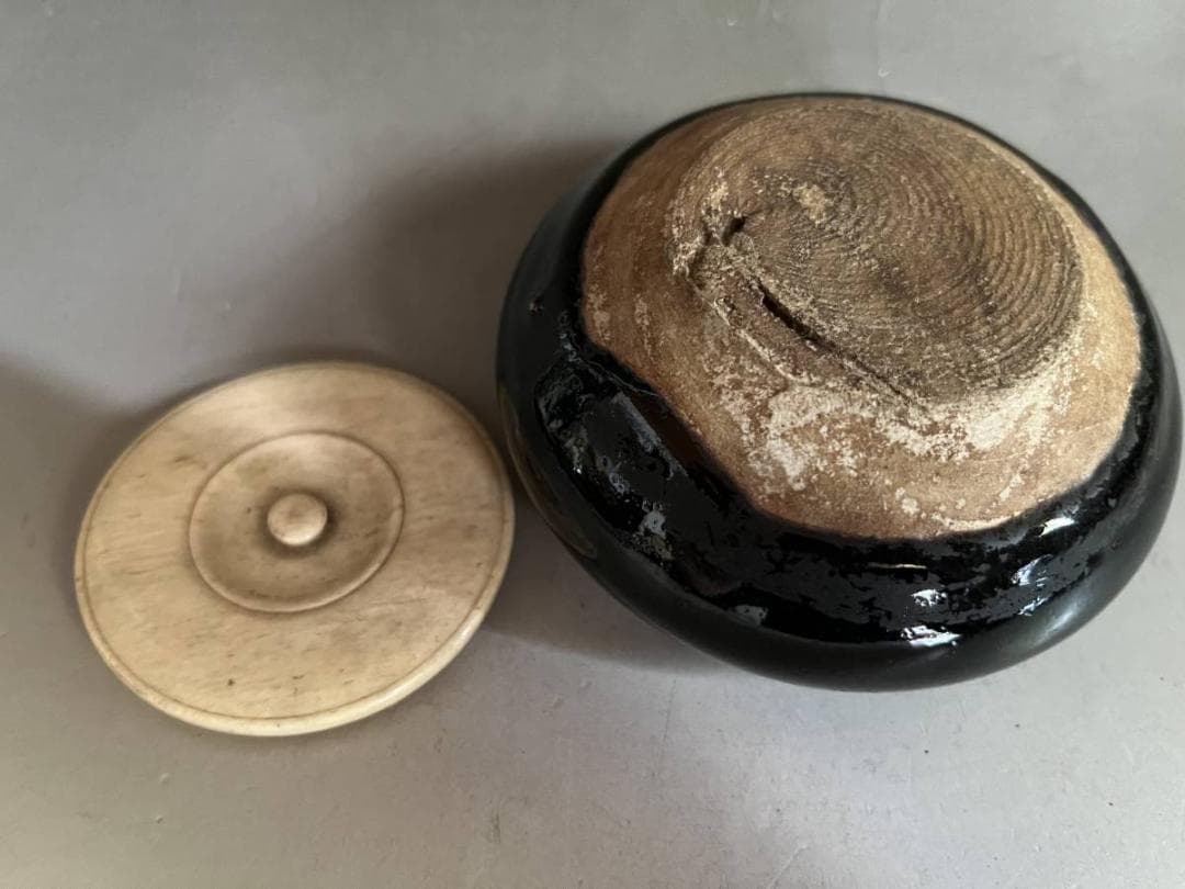 茶入れ■古い大海茶入 黒釉 江戸期 糸切り高台 茶壷 お茶道具 古美術 骨董品■