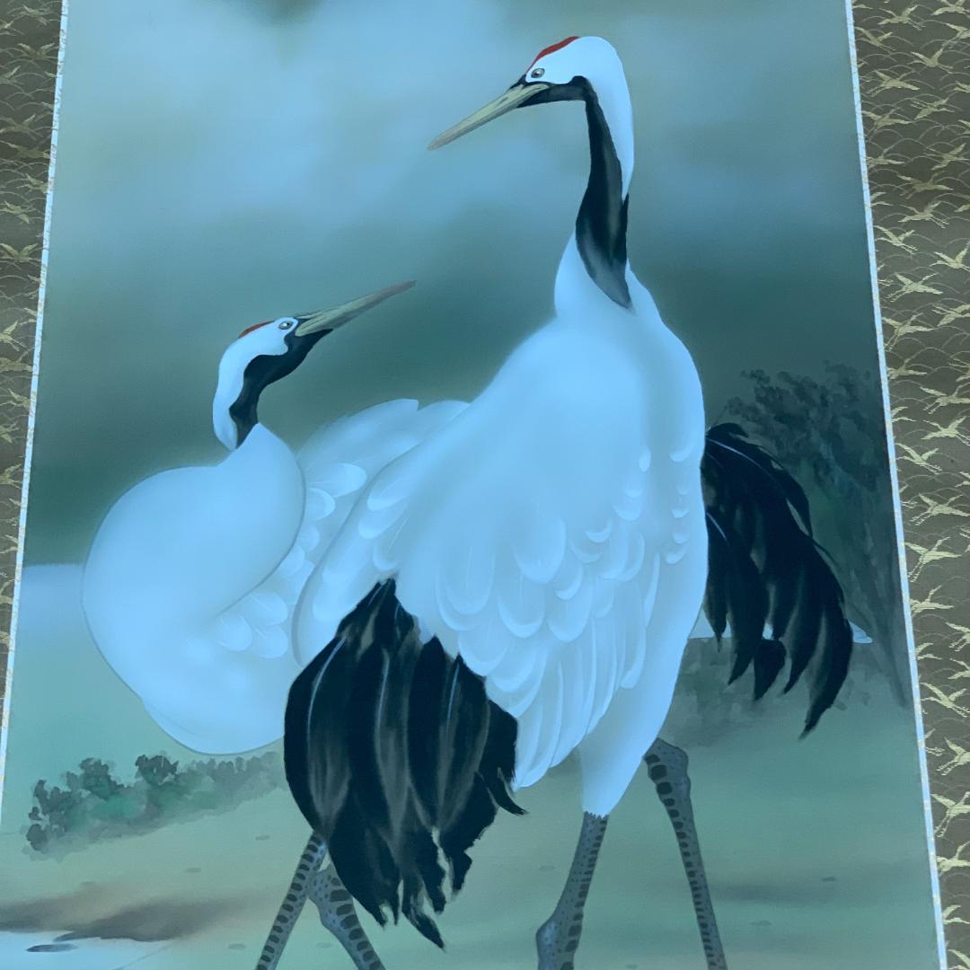 掛軸　双鶴　広森耕仁　箱付き　落款印有　状態良好　日本画　古道具　茶道具