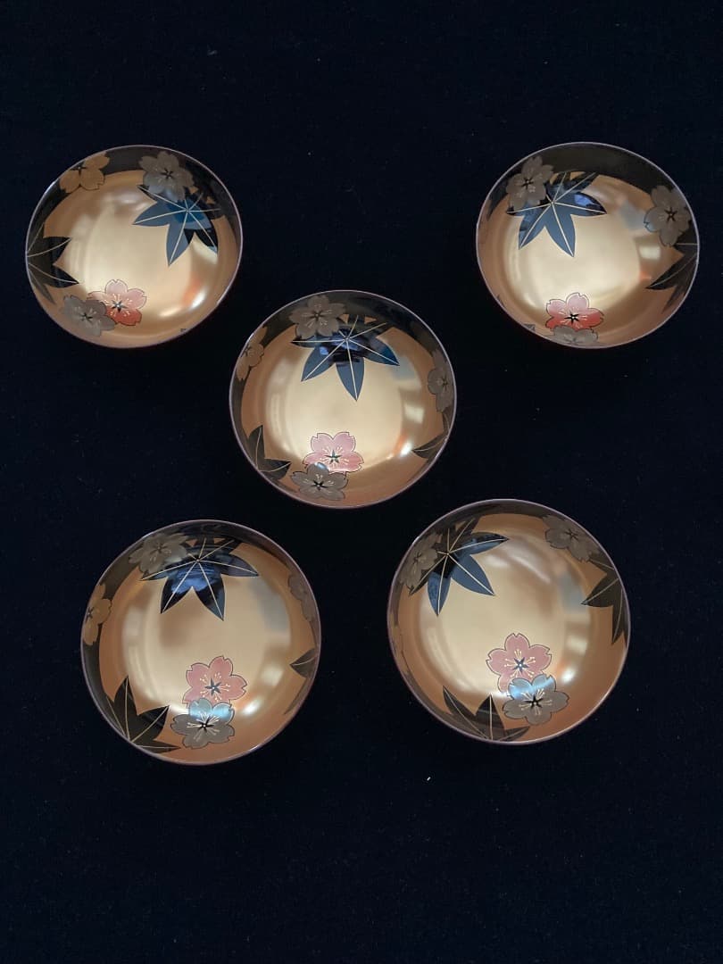 輪島塗「花蒔絵」吸物椀5客 / 曽又真山作 栞、元箱付