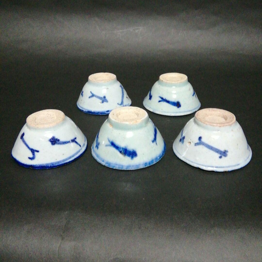 中国清朝　南京染付青花メダカ文酒盃　５客揃　南京染付　安南染付　清朝