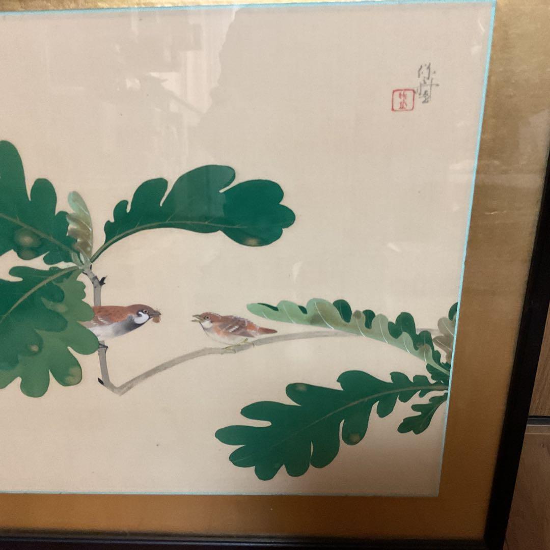 作者不詳作 落款印譜在 絹本花鳥画 無花果に雀図 額装仕立て