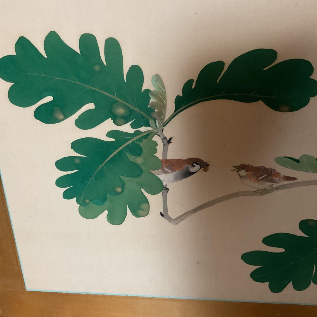 作者不詳作 落款印譜在 絹本花鳥画 無花果に雀図 額装仕立て