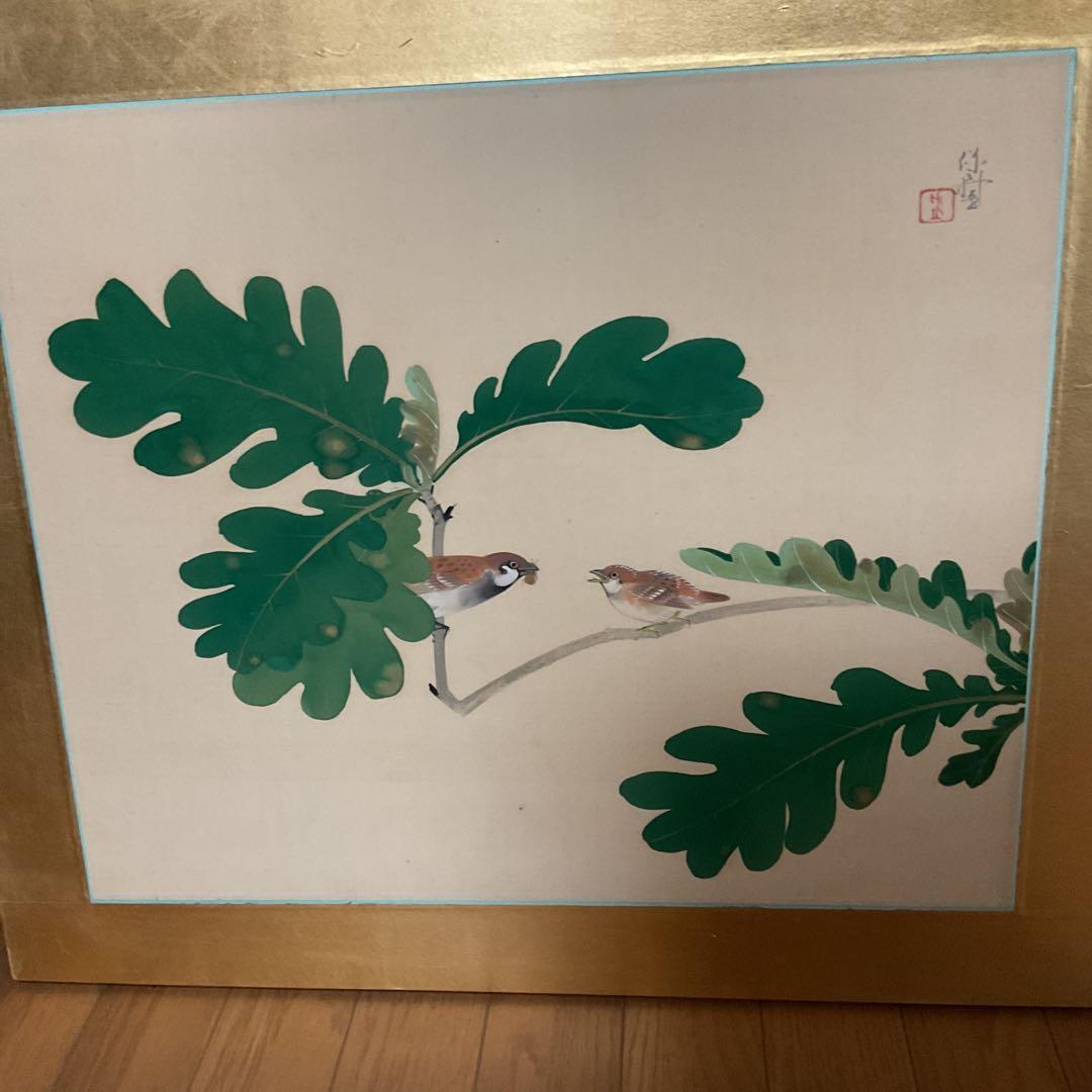 作者不詳作 落款印譜在 絹本花鳥画 無花果に雀図 額装仕立て