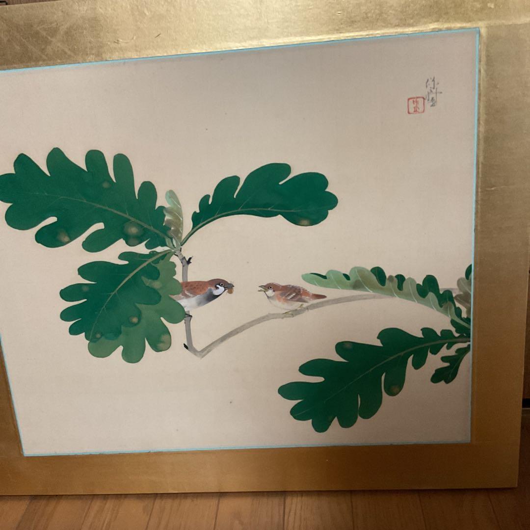 作者不詳作 落款印譜在 絹本花鳥画 無花果に雀図 額装仕立て