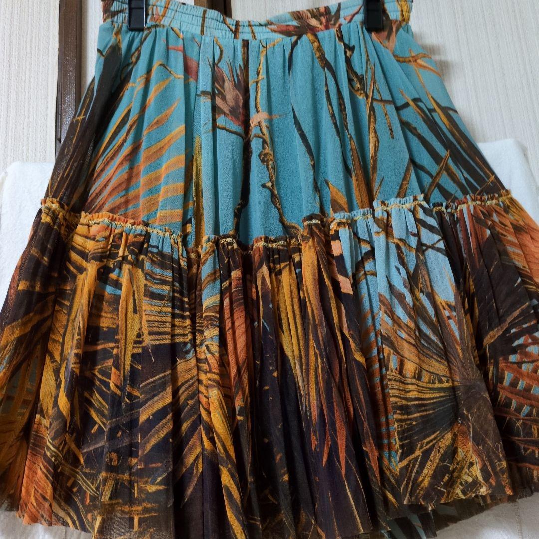 フレアスカート 青とオレンジのパーム柄