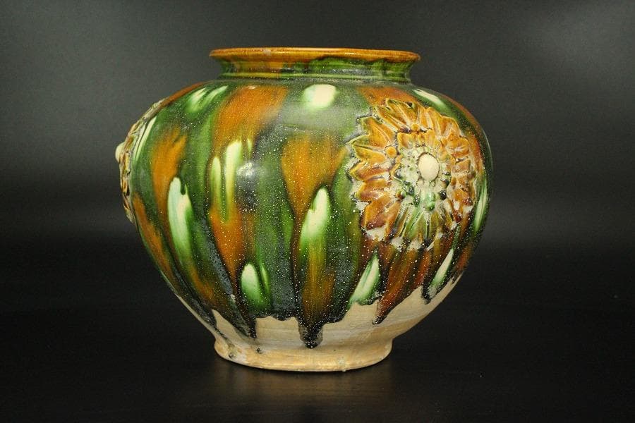 中国美術 唐三彩 丸壷 φ23.2cm(LC239)