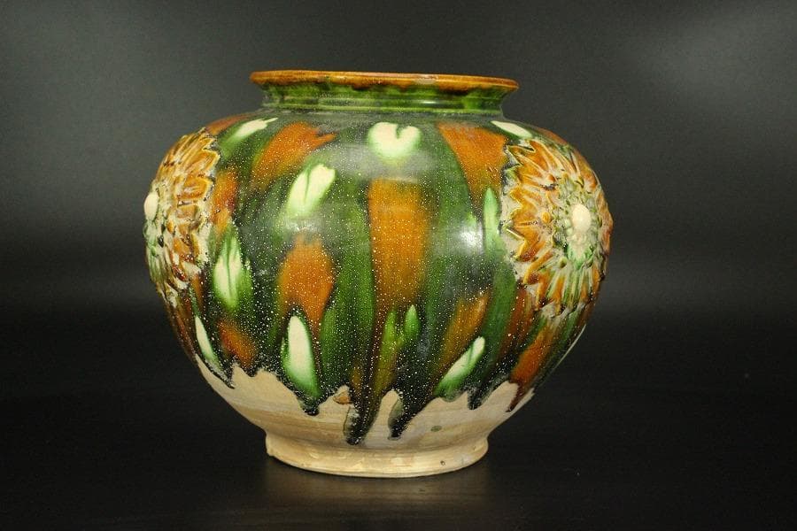 中国美術 唐三彩 丸壷 φ23.2cm(LC239)