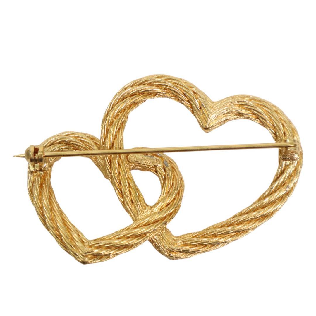 クリスチャンディオール　ダブルハート　ブローチ ゴールド　ラインストーン