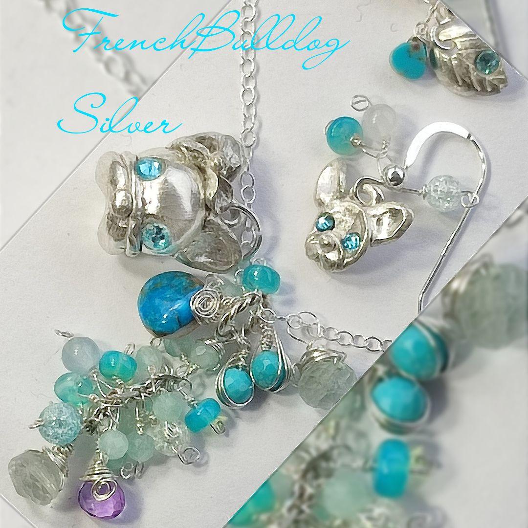 純銀 『フレンチブルドック　スリーピングビューティーターコイズネックレス』