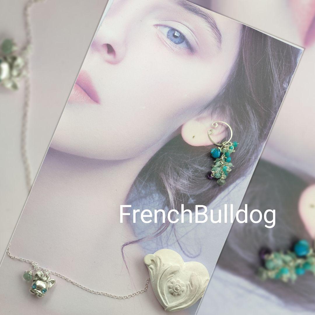純銀 『フレンチブルドック　スリーピングビューティーターコイズネックレス』