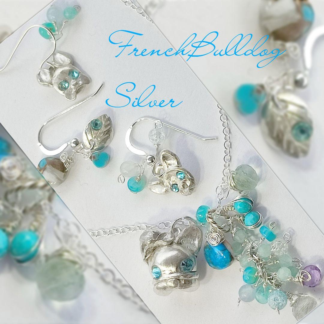 純銀 『フレンチブルドック　スリーピングビューティーターコイズネックレス』