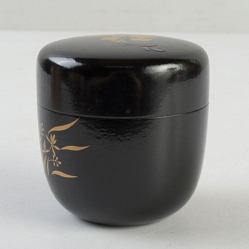 茶道具　堀川蒼雲作　螺鈿装飾　花蝶蒔絵　中棗　共箱　V　9363