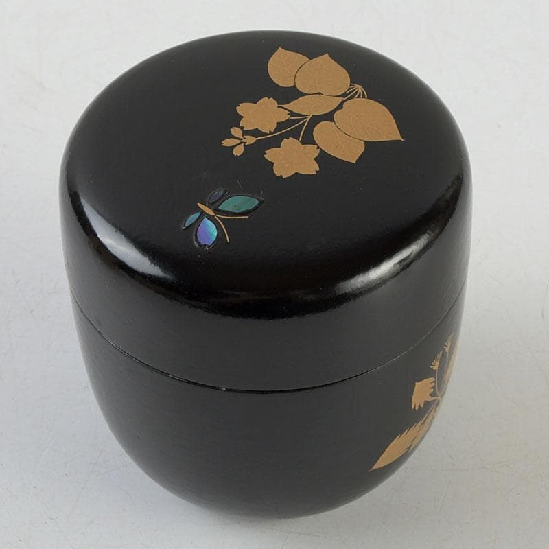 茶道具　堀川蒼雲作　螺鈿装飾　花蝶蒔絵　中棗　共箱　V　9363