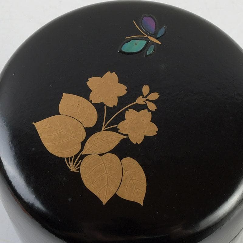 茶道具　堀川蒼雲作　螺鈿装飾　花蝶蒔絵　中棗　共箱　V　9363