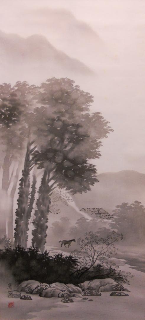 掛け軸  朝湖 渓畔晩涼 水墨画 絹本 希少 軸装 茶道具 掛軸 美品 です。